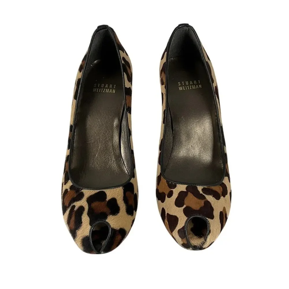 STUART WEITZMAN Stiletto Pump Pipespy Peep Toe Leopard Calf Hair BRAND NEW sz 7
